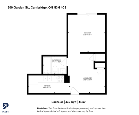 Floor plan for studio, 1 bath